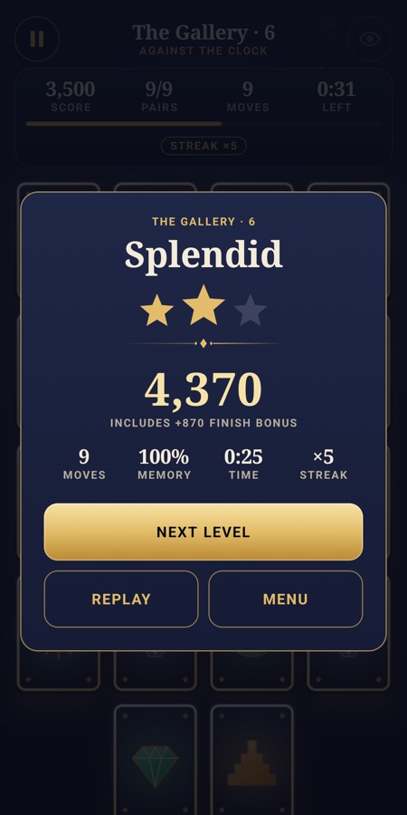 Gilded round results with stars and score